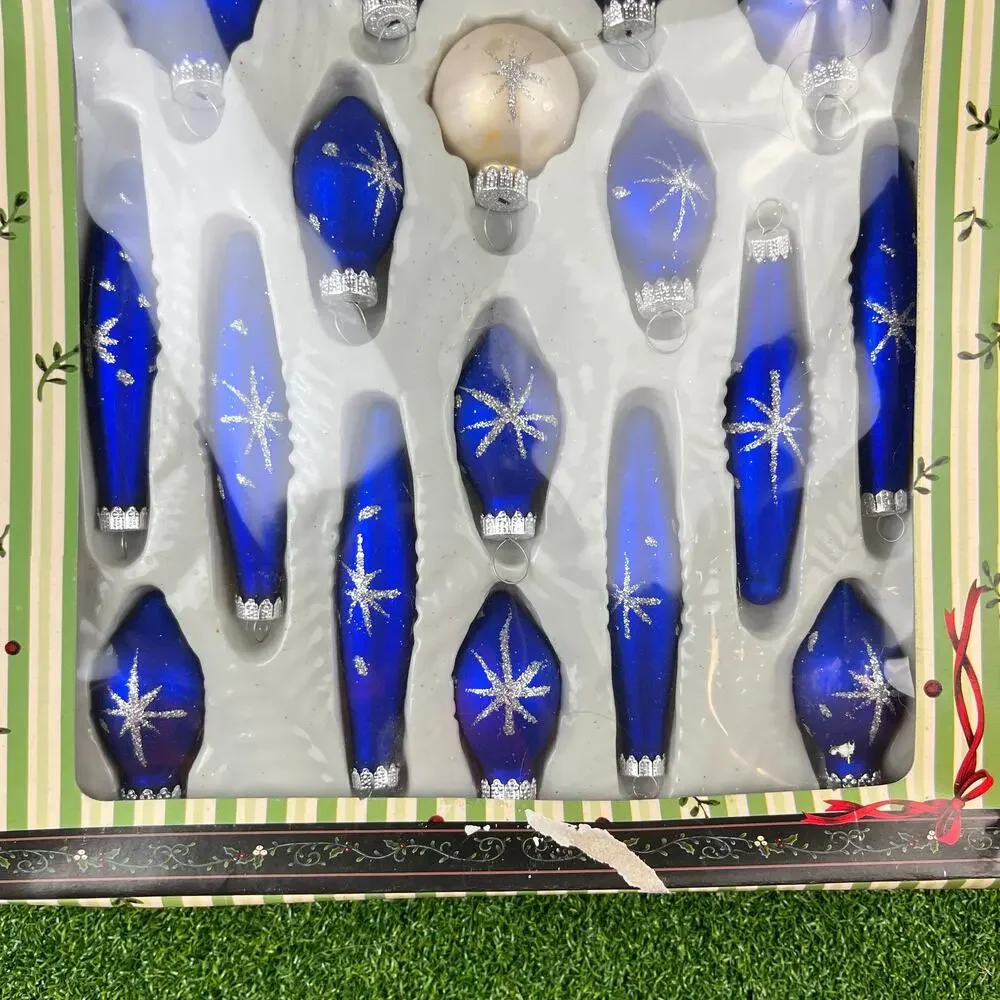 Vintage 21 Pk Blue Glass Christmas Ornaments Silver Snowflake Designs